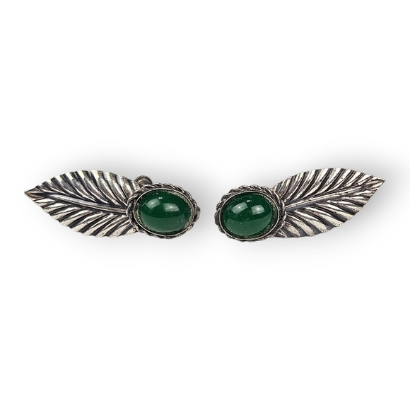 Coro Sterling Leaf Earrings Green Cabochon Screwback Vintage 925 Silver 1.25" - Picture 1 of 8